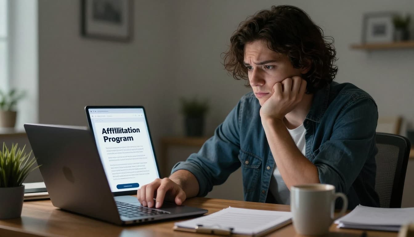 Young blogger in casual clothes sits at desk looking concerned at angled laptop screen with vague hype sales page, hand near chin, coffee mug and notepad nearby.
