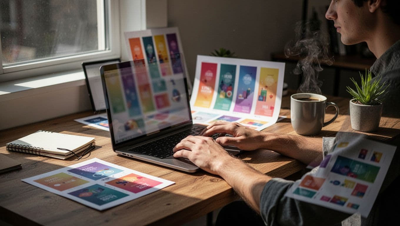 Young adult sits at wooden desk with open laptop and colorful vertical Pinterest pin mockups nearby.