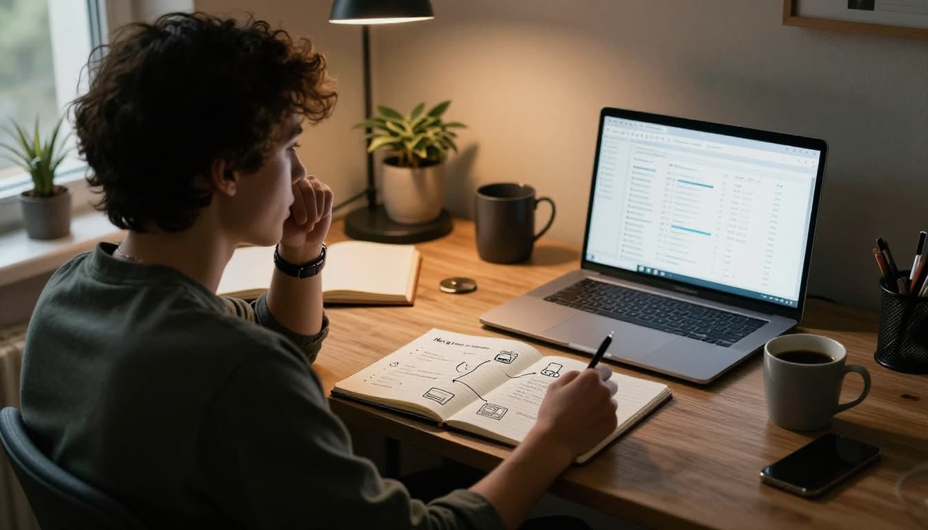 Young blogger sits at home office desk with notepad linking pain points to product icons, angled laptop showing analytics chart, and coffee mug nearby.