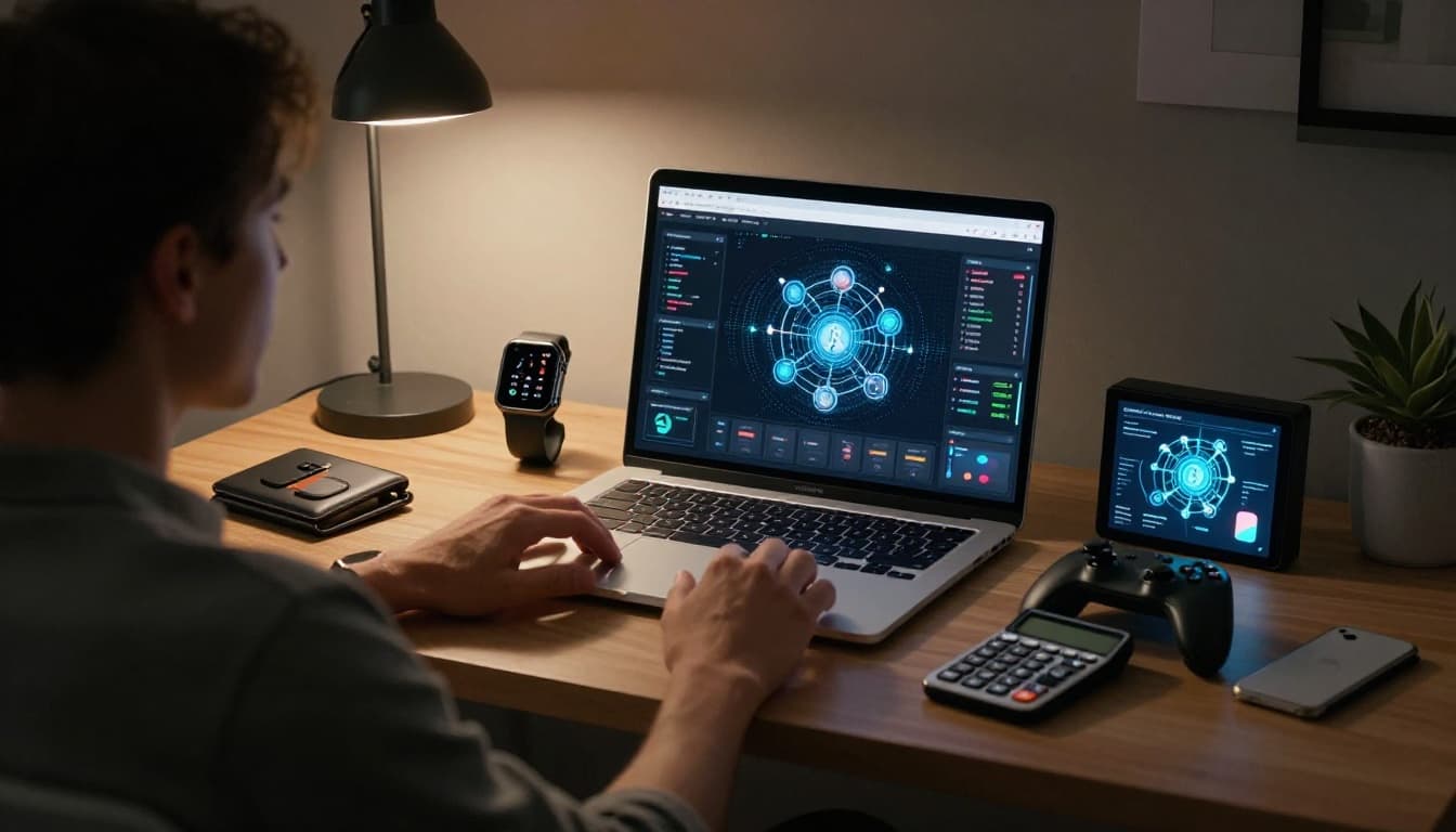 Blogger in casual attire sits at modern desk with laptop, crypto chart, smartwatch, calculator, game controller, AI diagram, and nearby affiliate products.