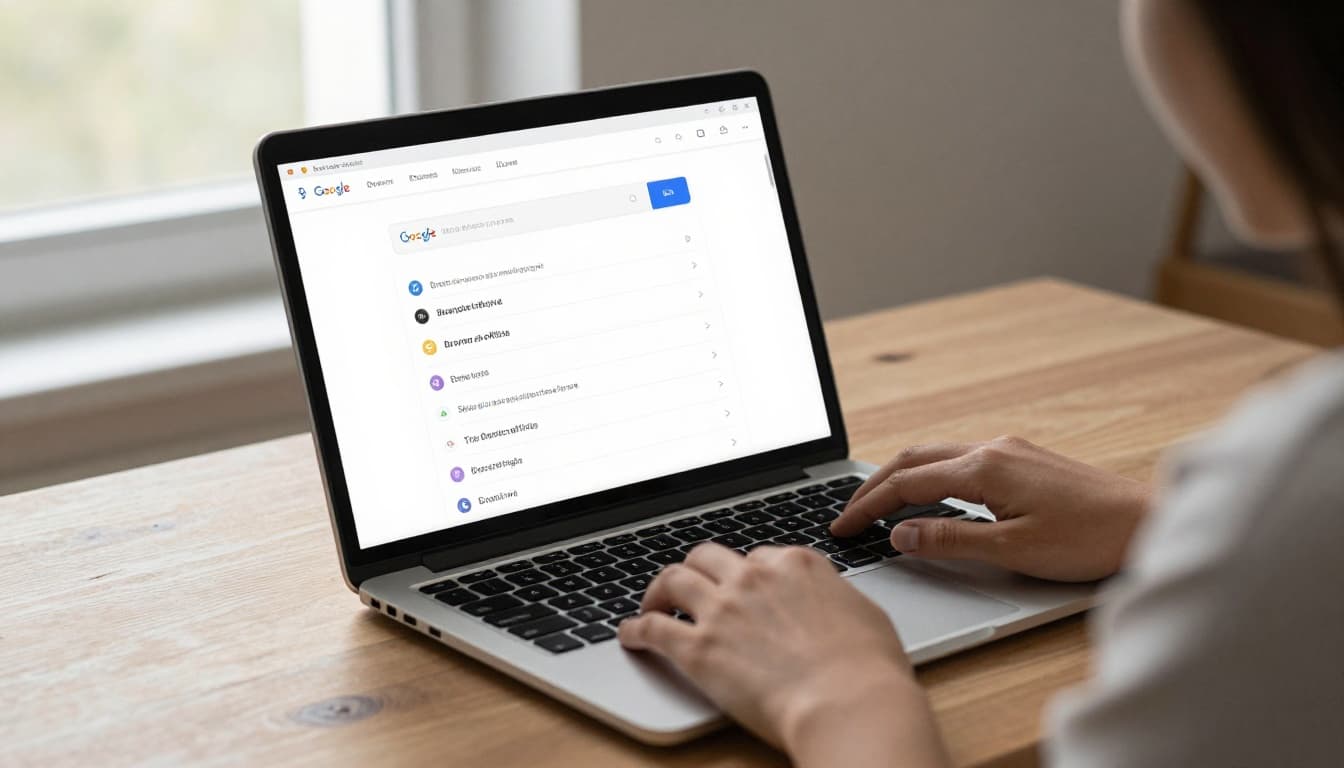 Blogger in home office searches Google on angled laptop screen for affiliate programs, notebook listing brands nearby.