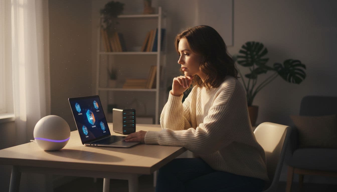 Young blogger in casual clothes sits at home office desk with open laptop showing product icons, server model and AI gadget nearby, hand near chin.