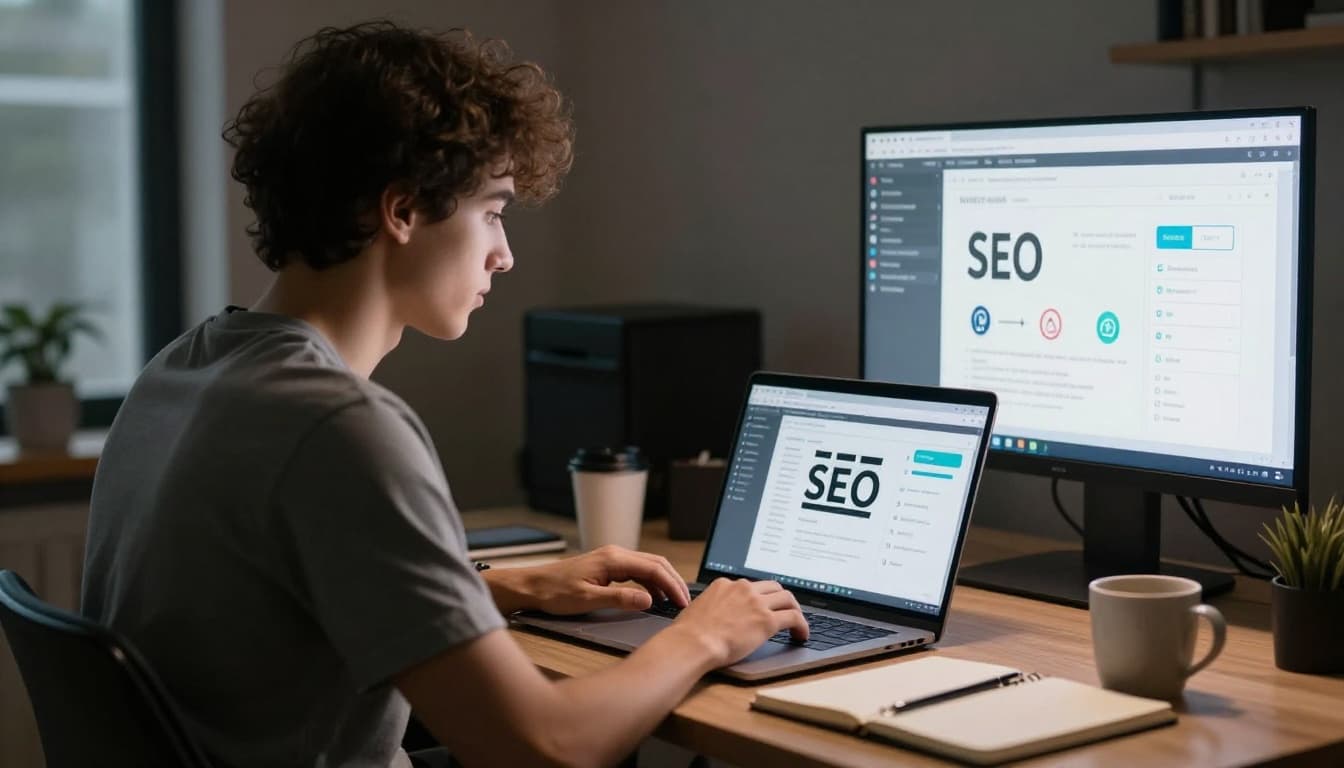 Young blogger in casual clothes at modern home office desk with angled laptop showing writing interface, nearby SEO charts, creator icons, notebook, and coffee mug.
