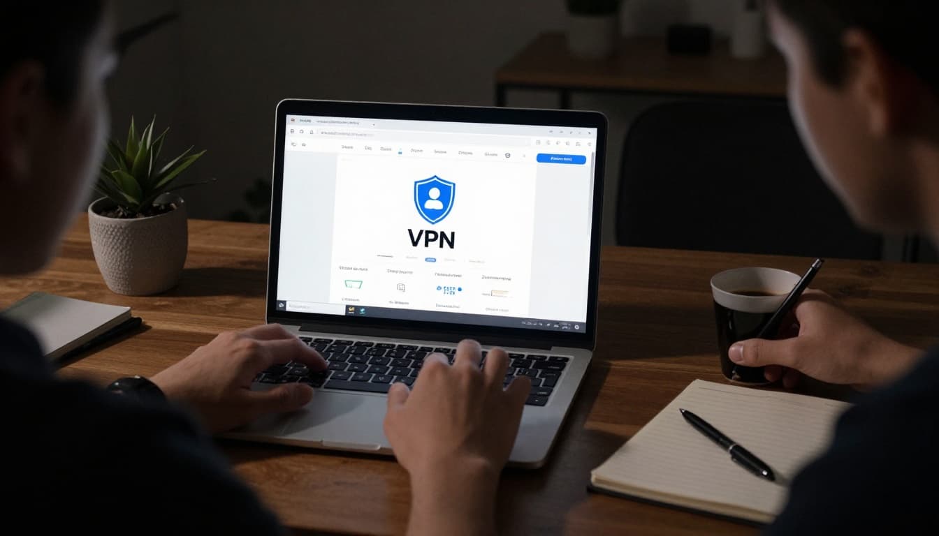 Young blogger in casual clothes at home desk with angled laptop showing VPN shield and finance dashboard, nearby course icons, notepad, coffee.