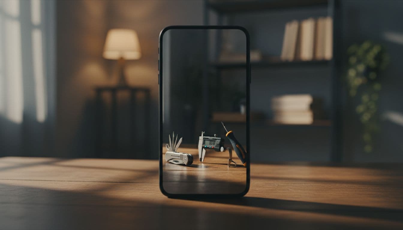 Smartphone screen displays thumbnail of three budget tools on wooden desk with soft lighting and cozy room background.