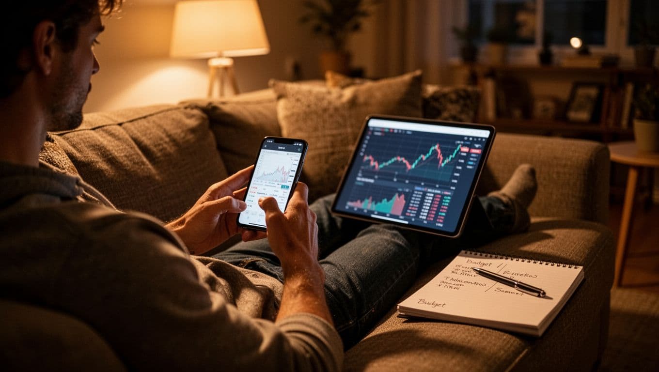 Relaxed person in living room views finance apps on smartphone and tablet with blurred savings graphs and budget notepad.