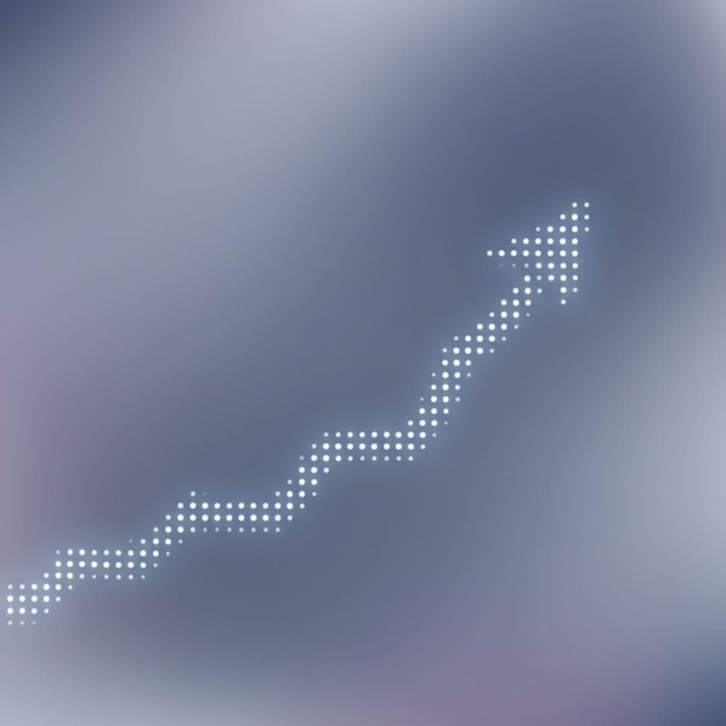 A minimalist illustration features evenly spaced glowing dots forming a steady, upward-climbing path.