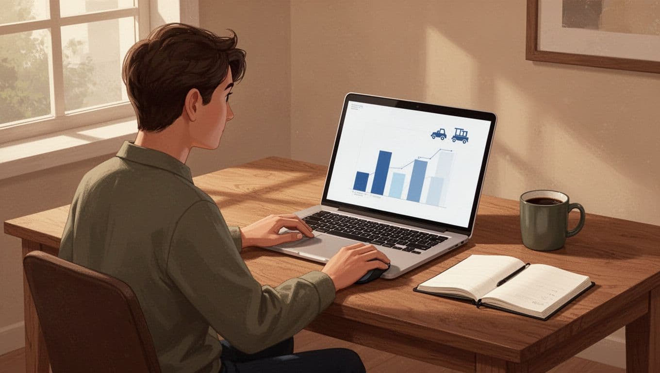 Person sits at wooden desk in cozy home office viewing angled laptop with simple analytics dashboard, bar charts, and traffic icons.