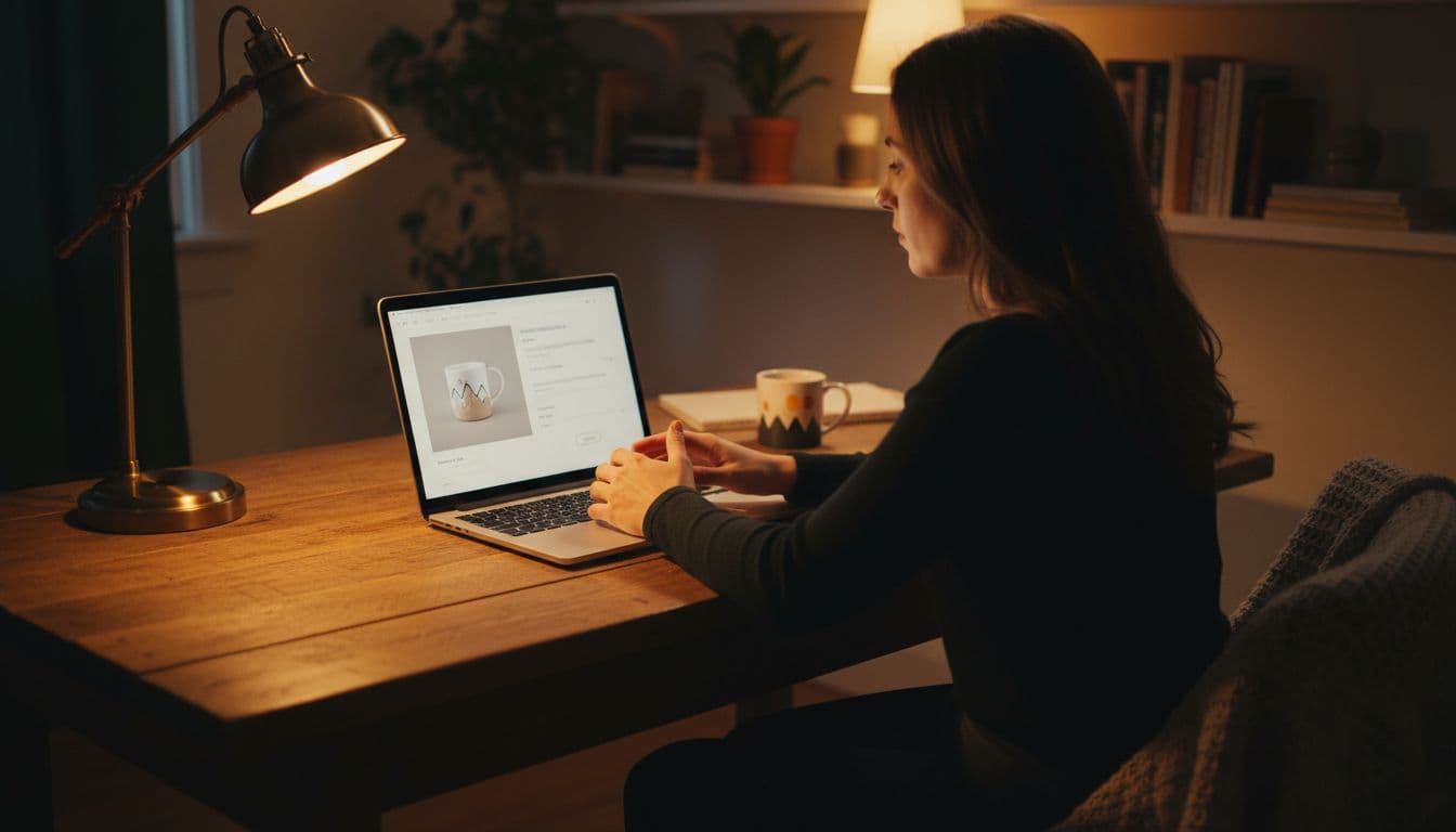One person sits at a wooden desk in a cozy home office, hands near open laptop showing simple pin design interface with product preview.
