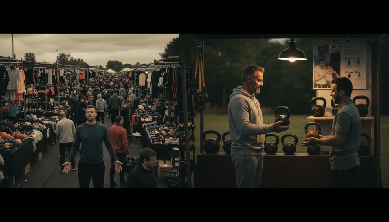 Left: crowded outdoor fitness market with stalls and one shopper; right: serene single booth with kettlebells and relaxed father.