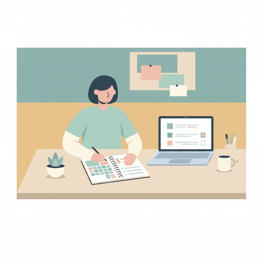 A person works at a clean desk with a laptop and notebook to organize content.