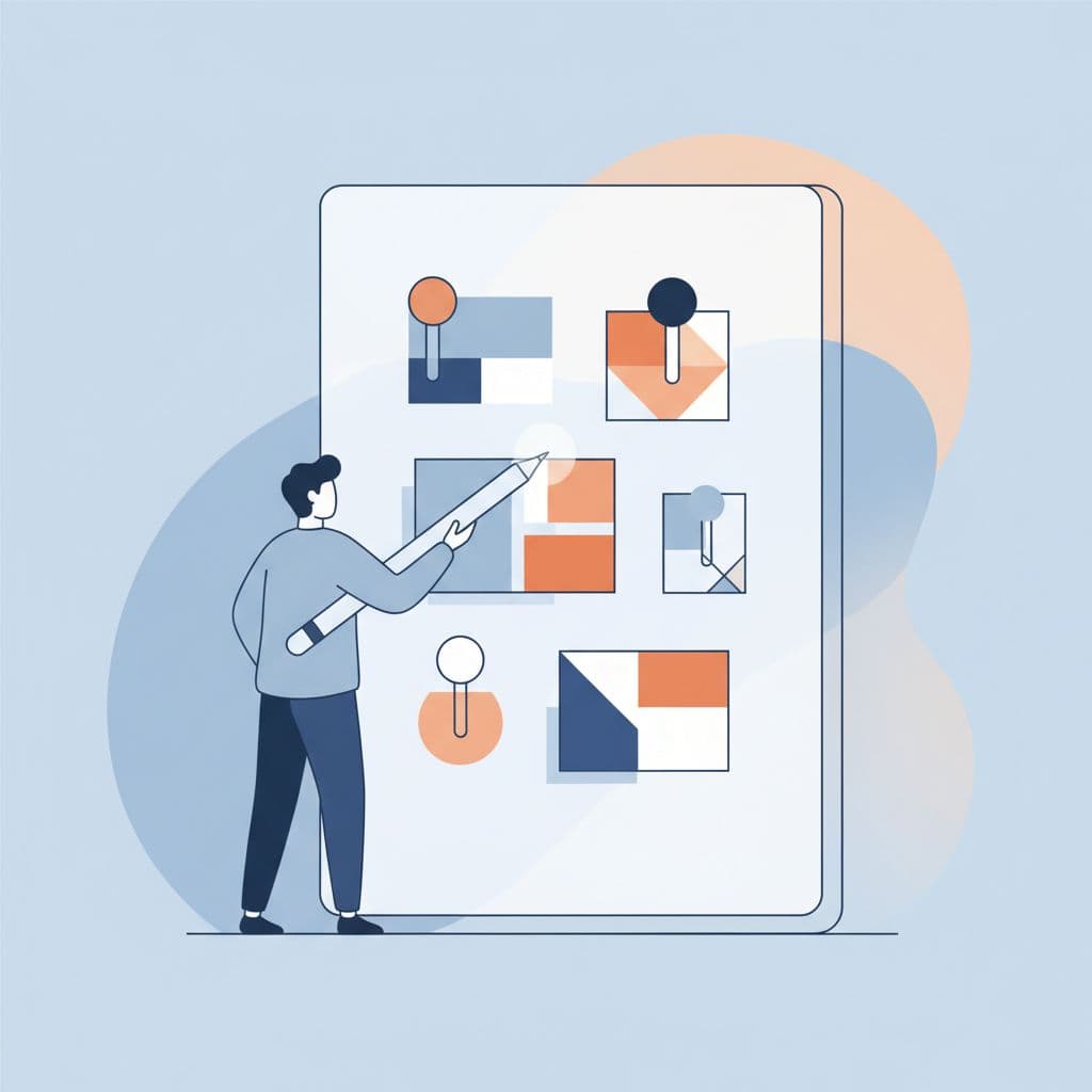 A designer organizes clean, colorful vertical design elements on a minimalist digital workspace.