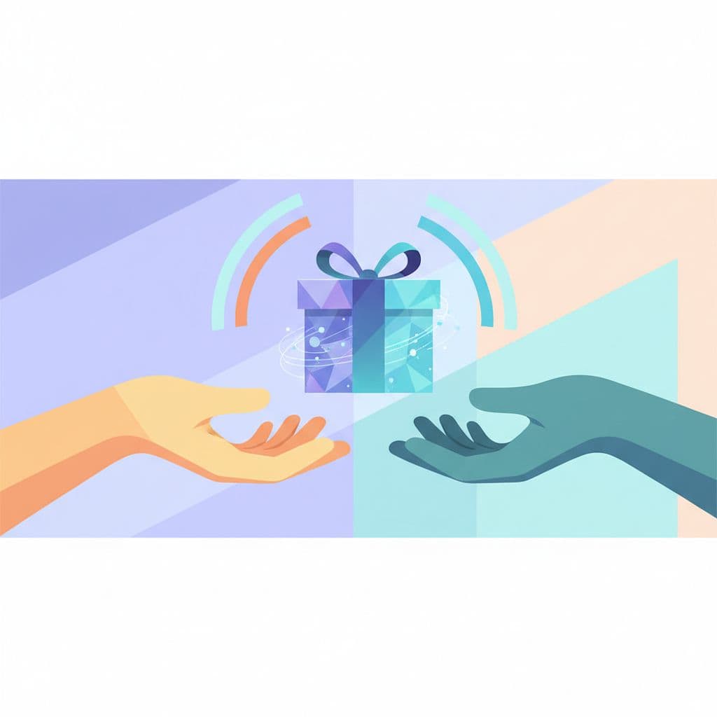 A stylized digital gift box is being presented in a clean and modern design.