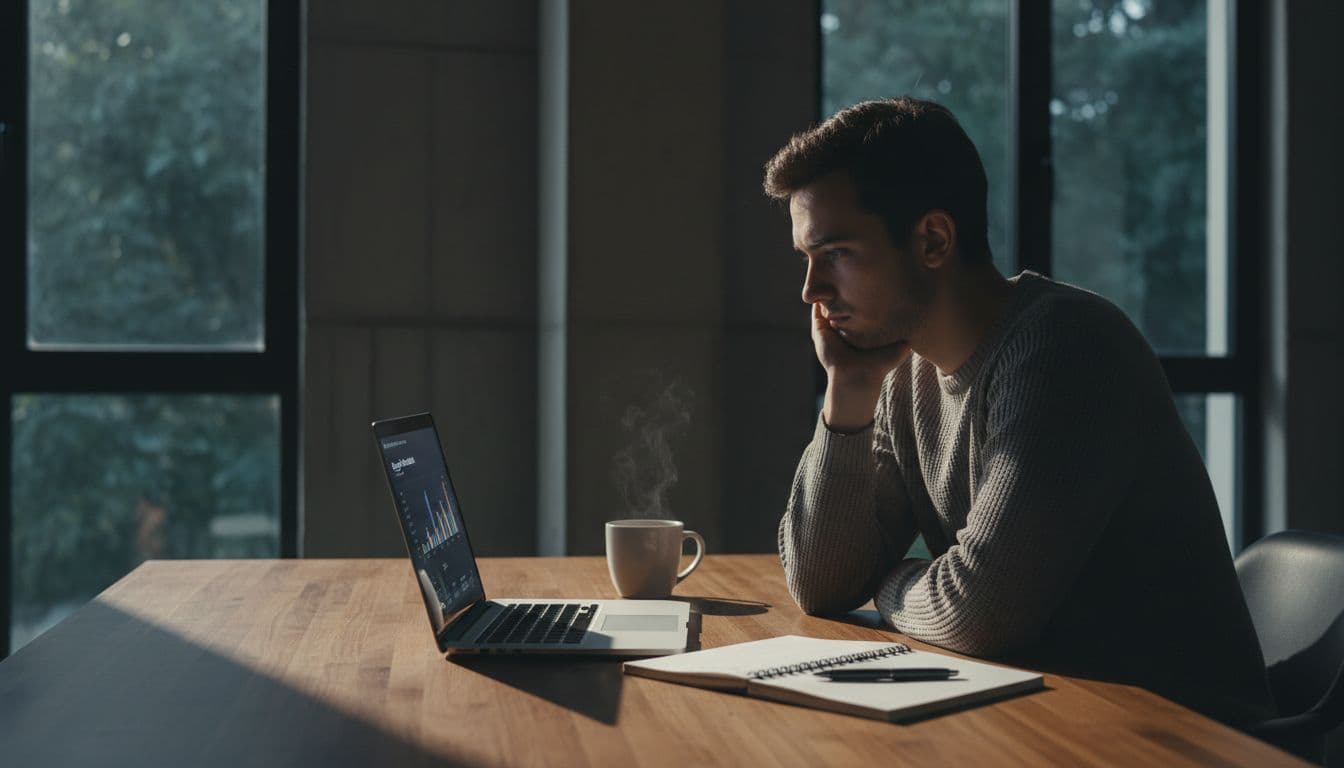 Small blog owner in modern home office frowns thoughtfully at angled laptop screen with coffee mug and notebook nearby.