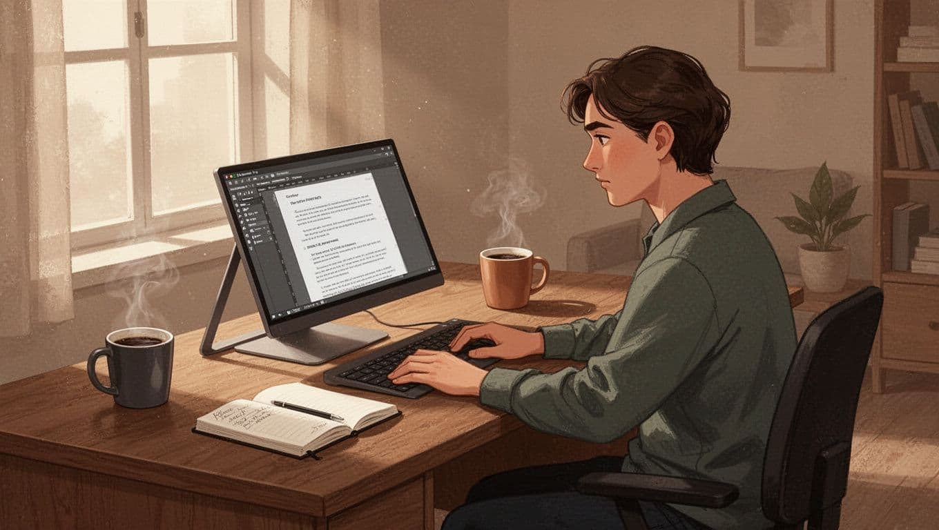 Person at wooden desk edits blog post on angled laptop with faint text outlines, coffee mug and notebook nearby.