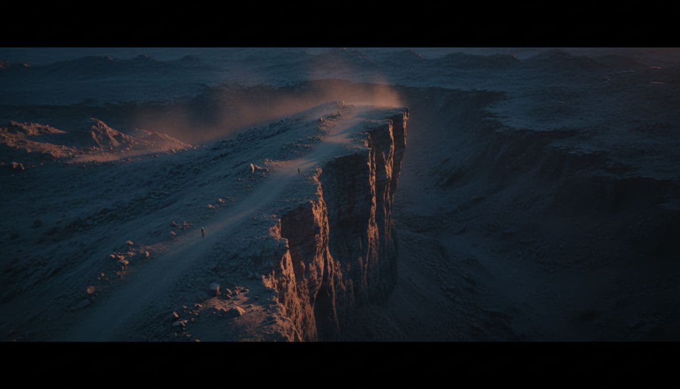 Empty wave-like path crests steep rocky hill before dropping off cliff at dusk.