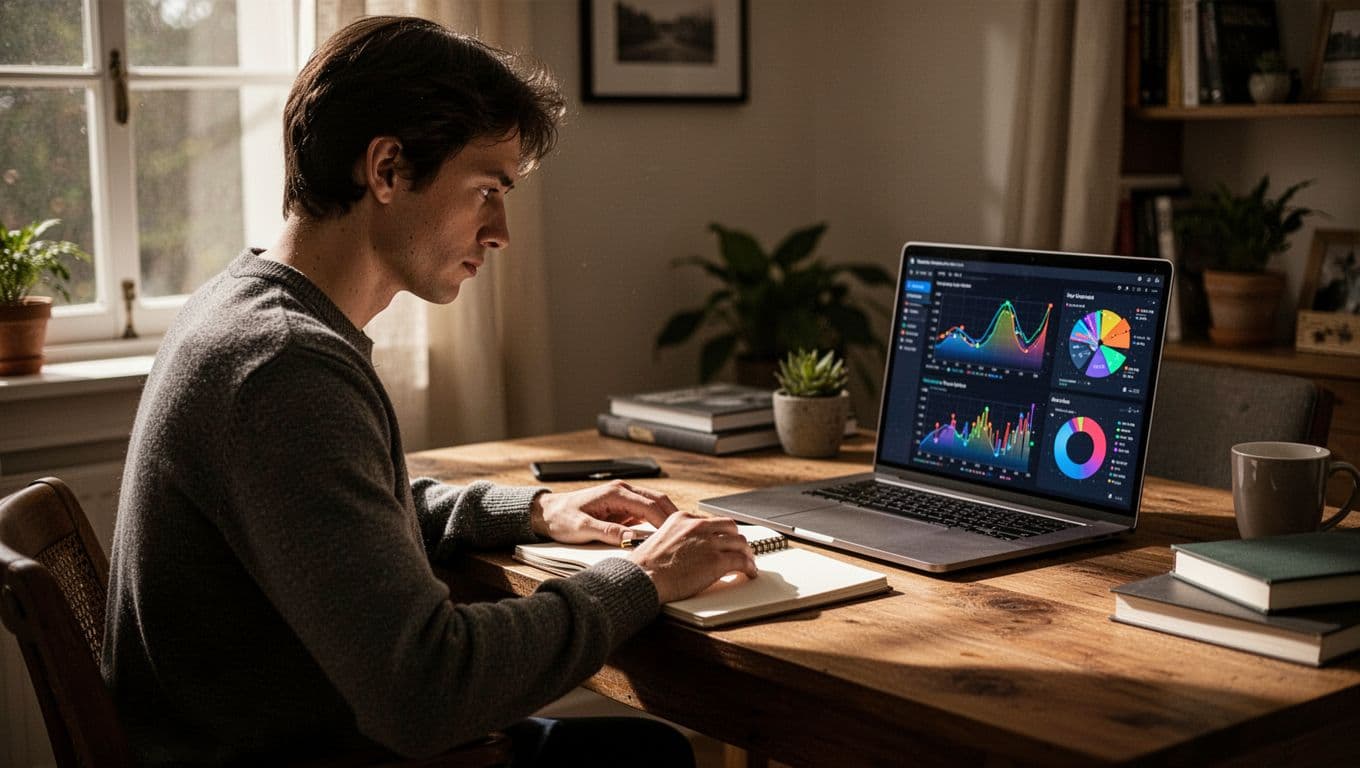 A person sits focused at a wooden desk in a cozy home office, viewing a single analytics dashboard on a laptop.
