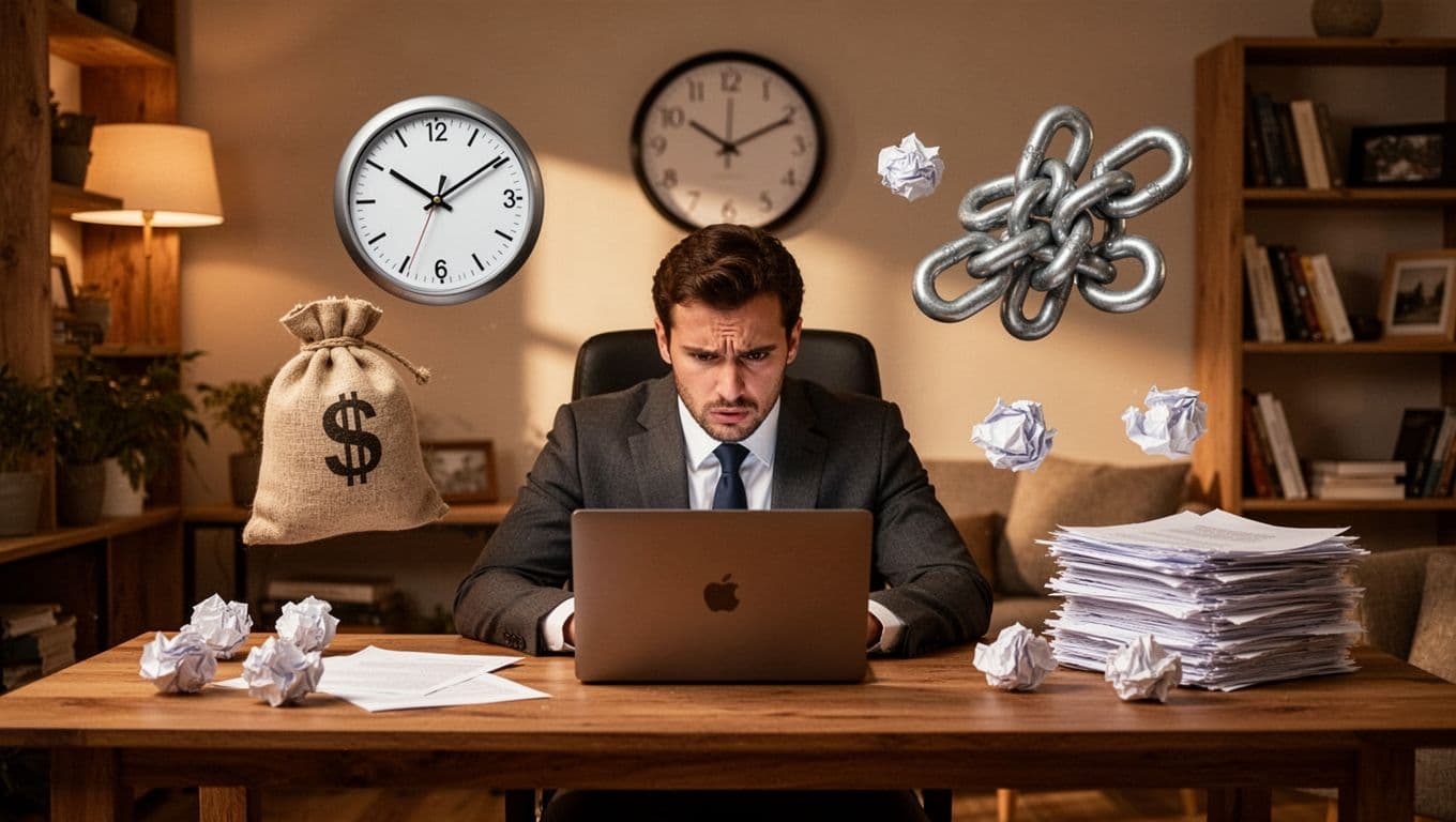 Person at wooden desk in cozy home office looks frustrated at laptop with floating slow clock, waiting money bag, link icons, and messy text.