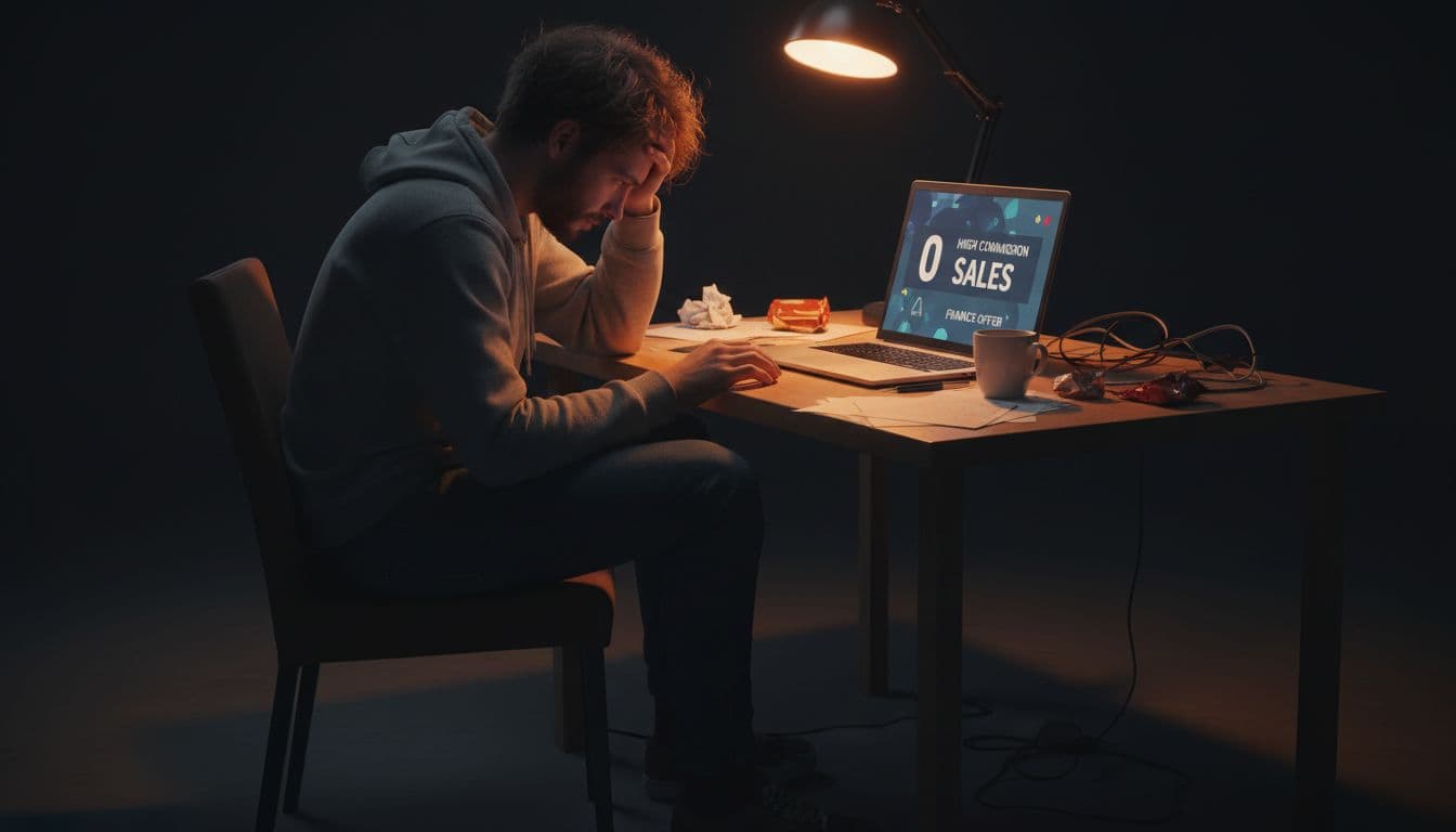 Young frustrated blogger in casual clothes sits at home desk with laptop showing zero affiliate sales, notes and coffee mug scattered.