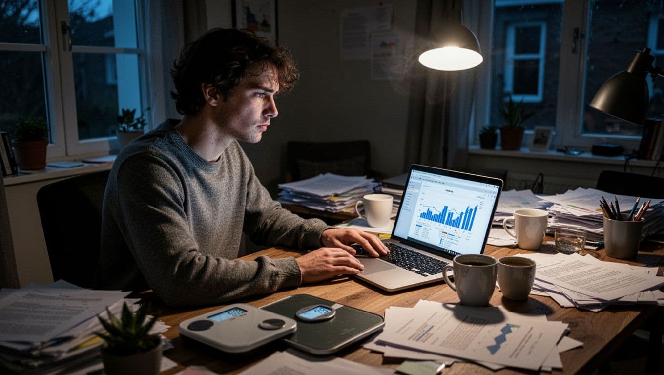 Frustrated person at messy desk with weight scale and laptop showing low earnings in dimly lit evening home office.