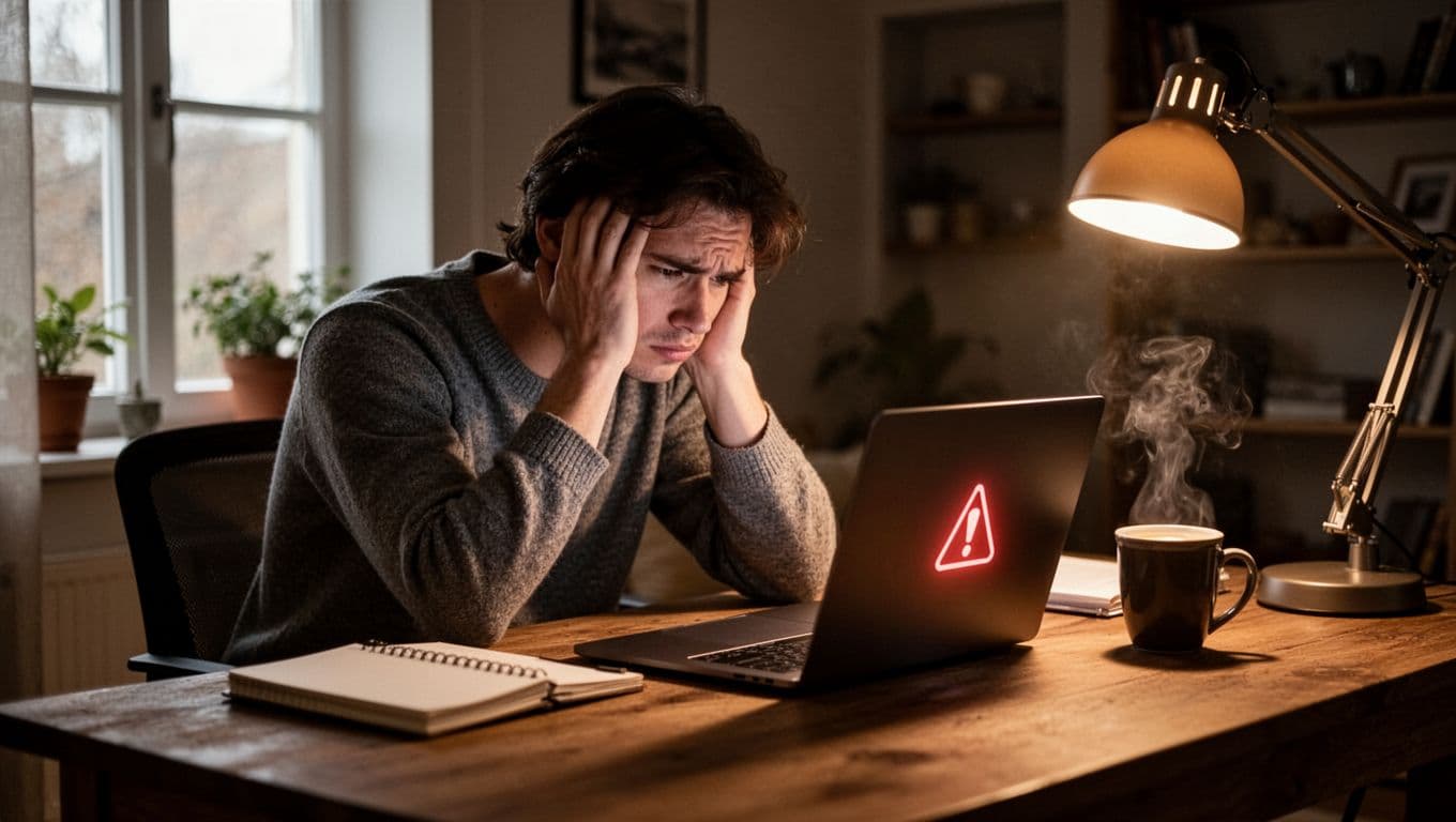 Frustrated person at wooden desk in home office covers face as laptop shows blurred ban notification, notebook and coffee nearby.