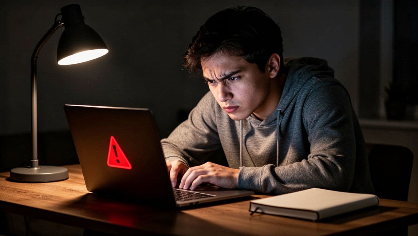 Young adult at desk looks frustrated at laptop screen angled to show ban notification, notebook pushed aside in dim room with dramatic shadows.
