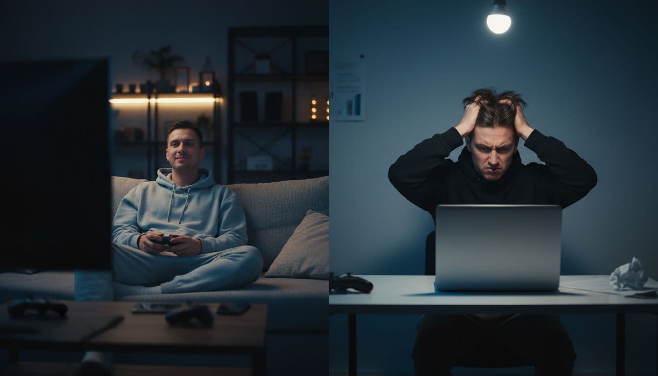 Split image left: relaxed person gaming on couch in dim room. Right: same person frustrated at empty laptop dashboard.