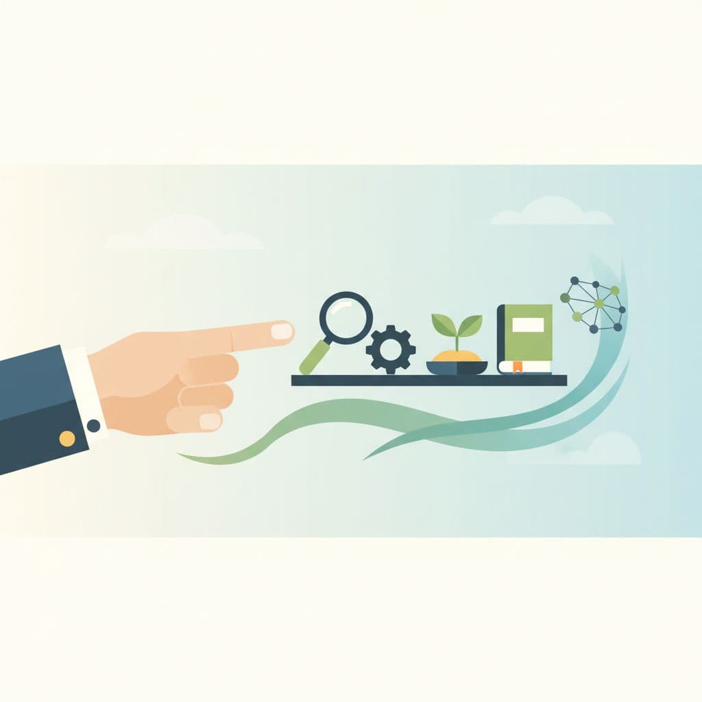 A stylized hand reaches toward a selection of curated tools arranged on a shelf.