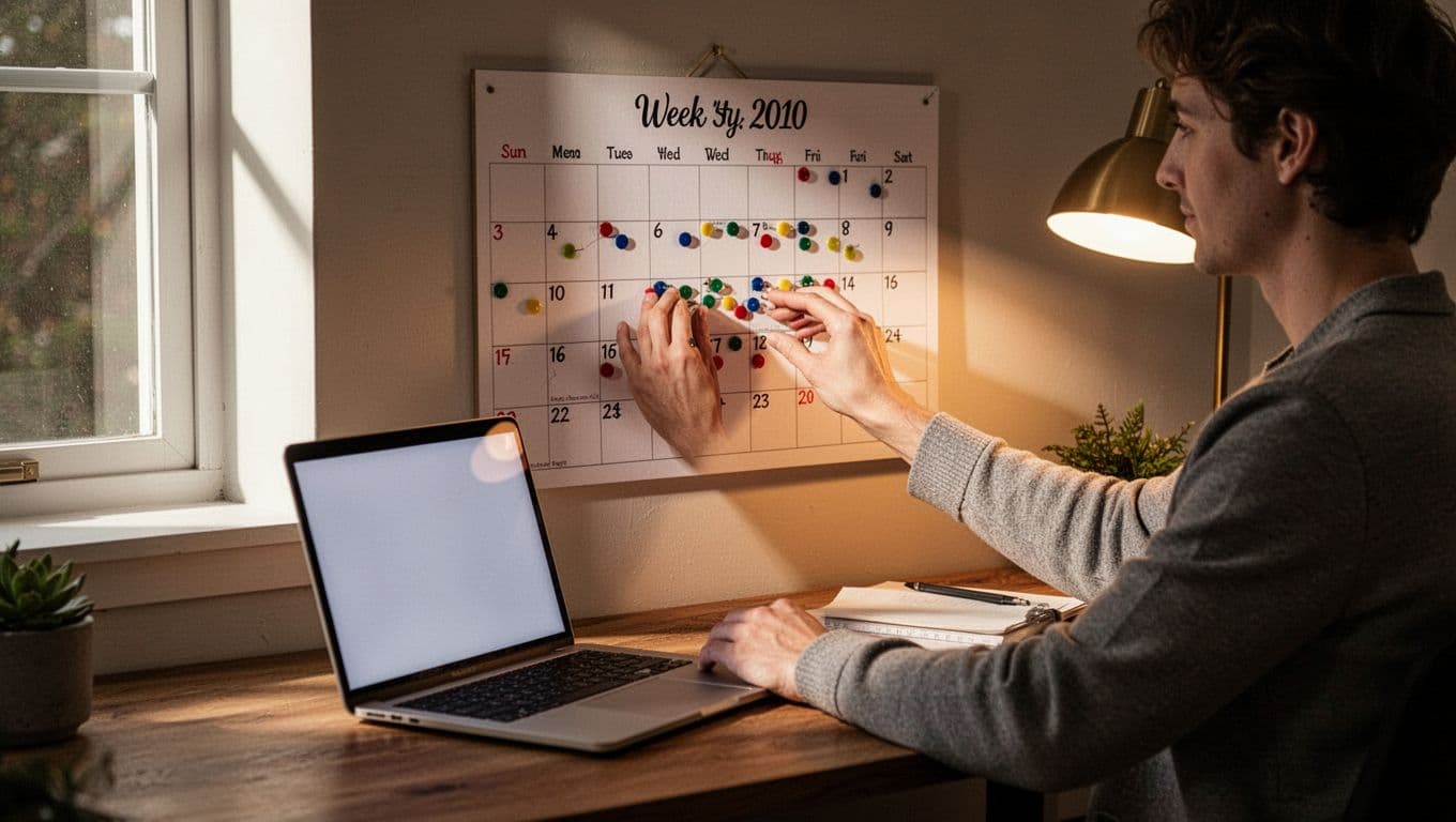 One person at wooden desk pins colored notes on 30-day wall calendar, open laptop nearby.