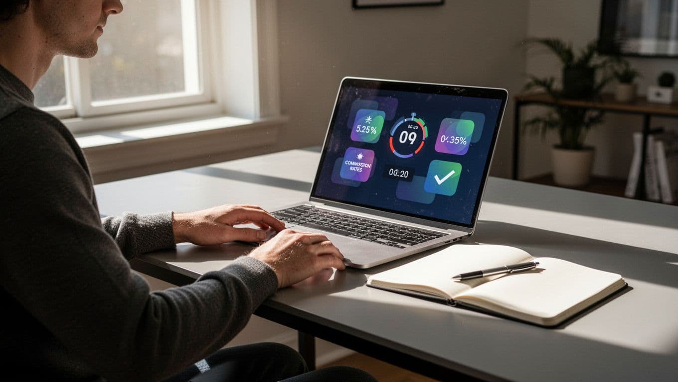 Person at modern desk in bright home office views laptop affiliate dashboard icons and open notebook.