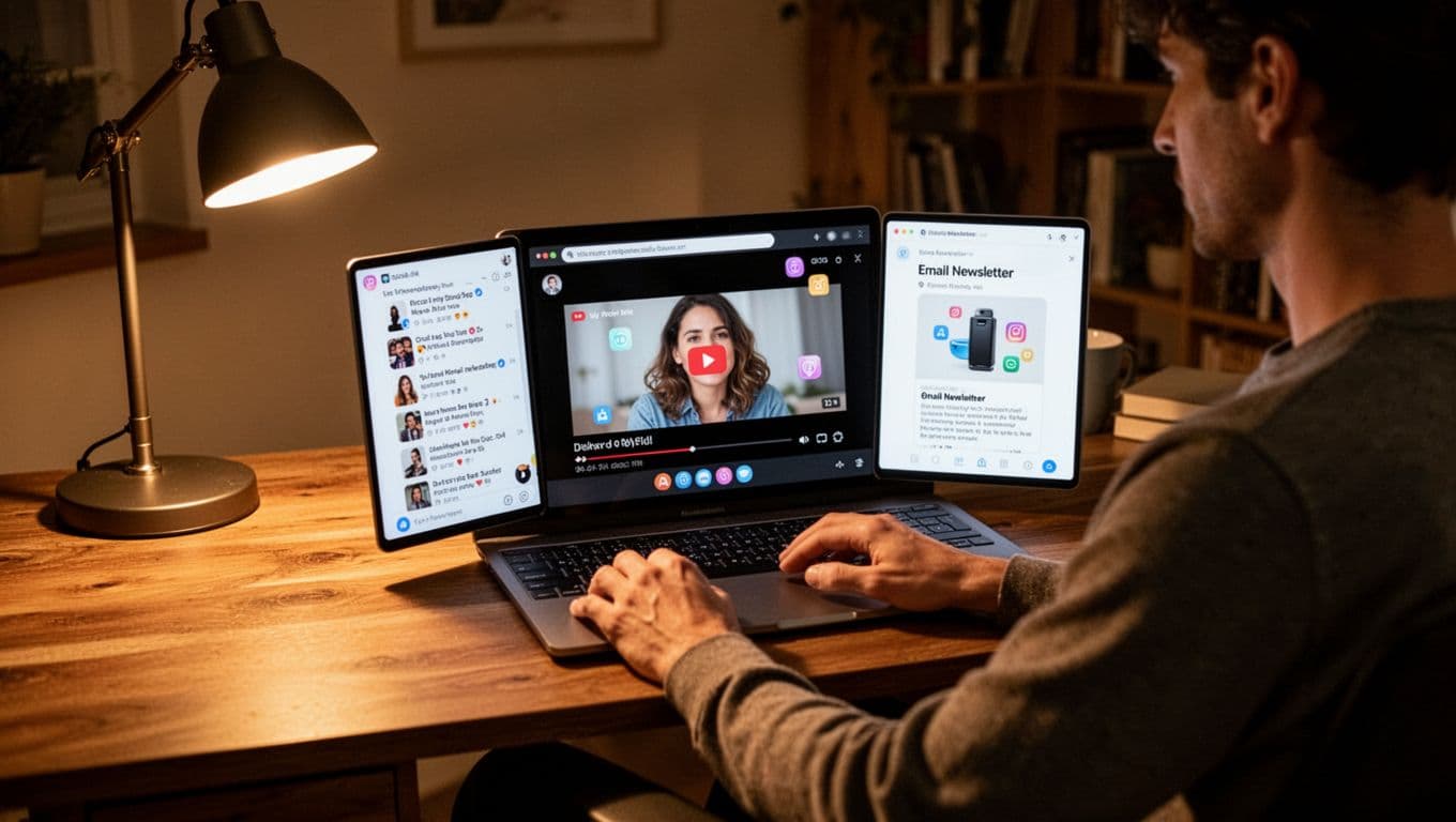 Person at wooden desk in cozy office views laptop split into Pinterest pin, YouTube Shorts, and email panels with faint affiliate icons.