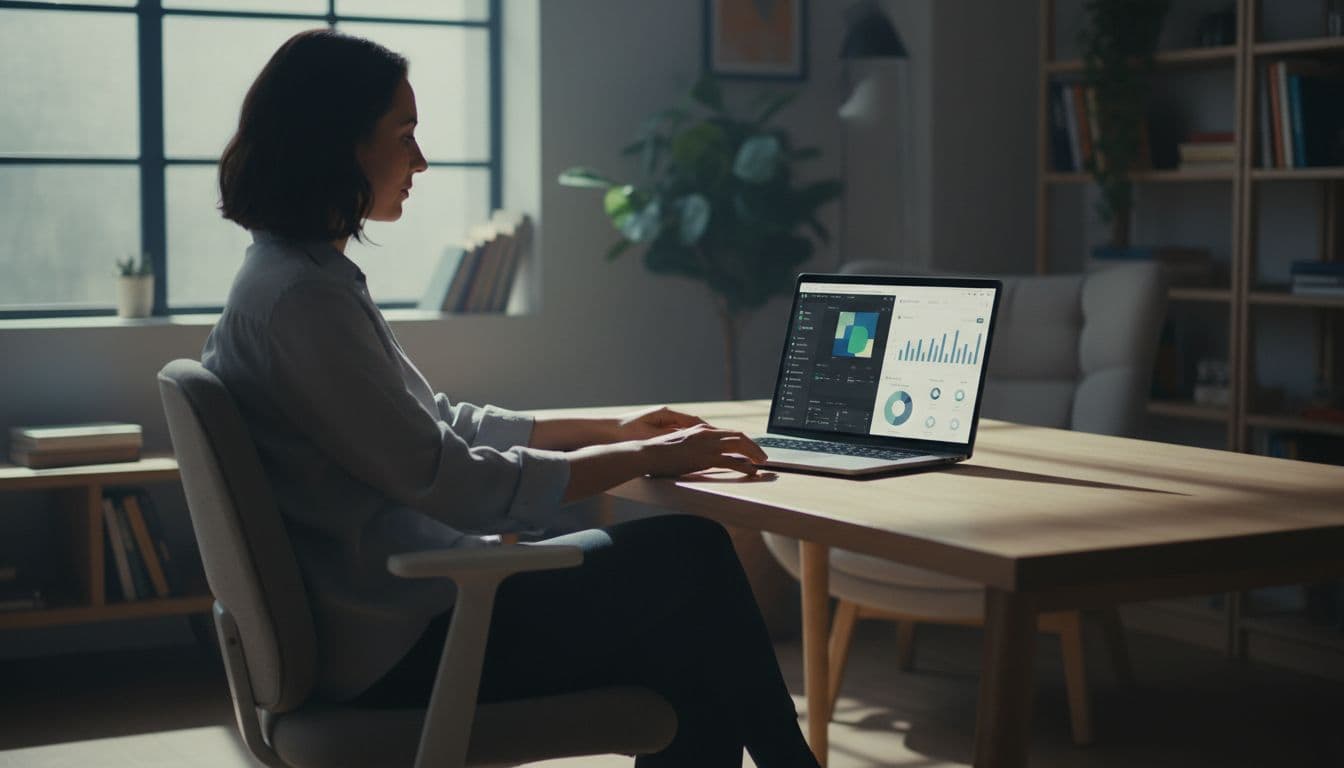 Person at modern desk in bright home office, laptop split-screen with Canva left and Pinterest analytics right, hands relaxed on desk.