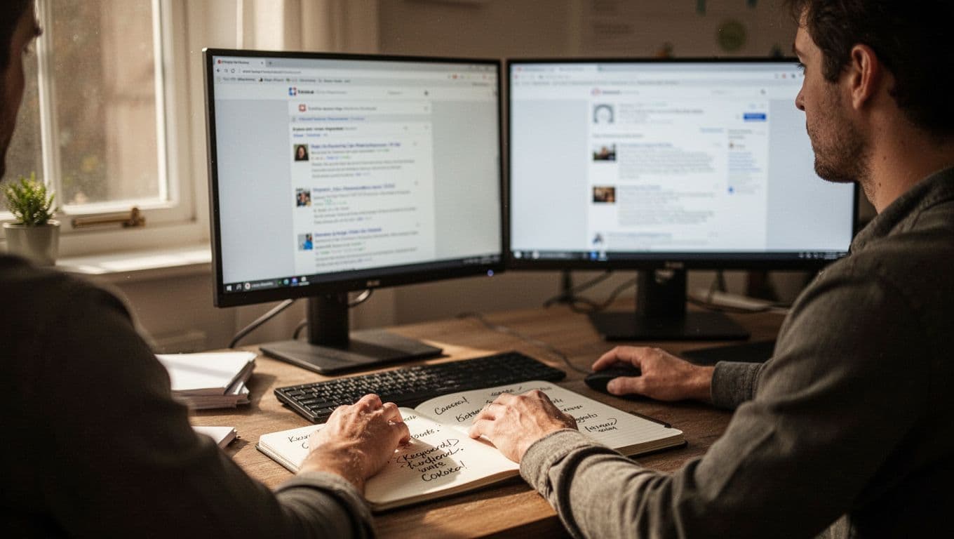Person in home office views blurred competitor sites and search results on dual monitors, relaxed with hand on mouse and open notebook of keyword notes.