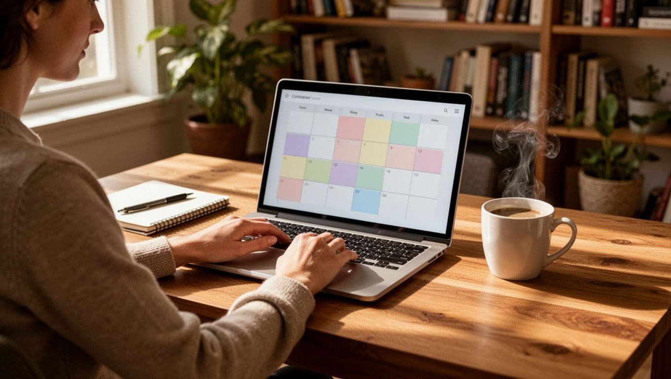 One person at wooden desk with laptop showing content calendar grid, hands on keyboard, notebook and mug nearby.