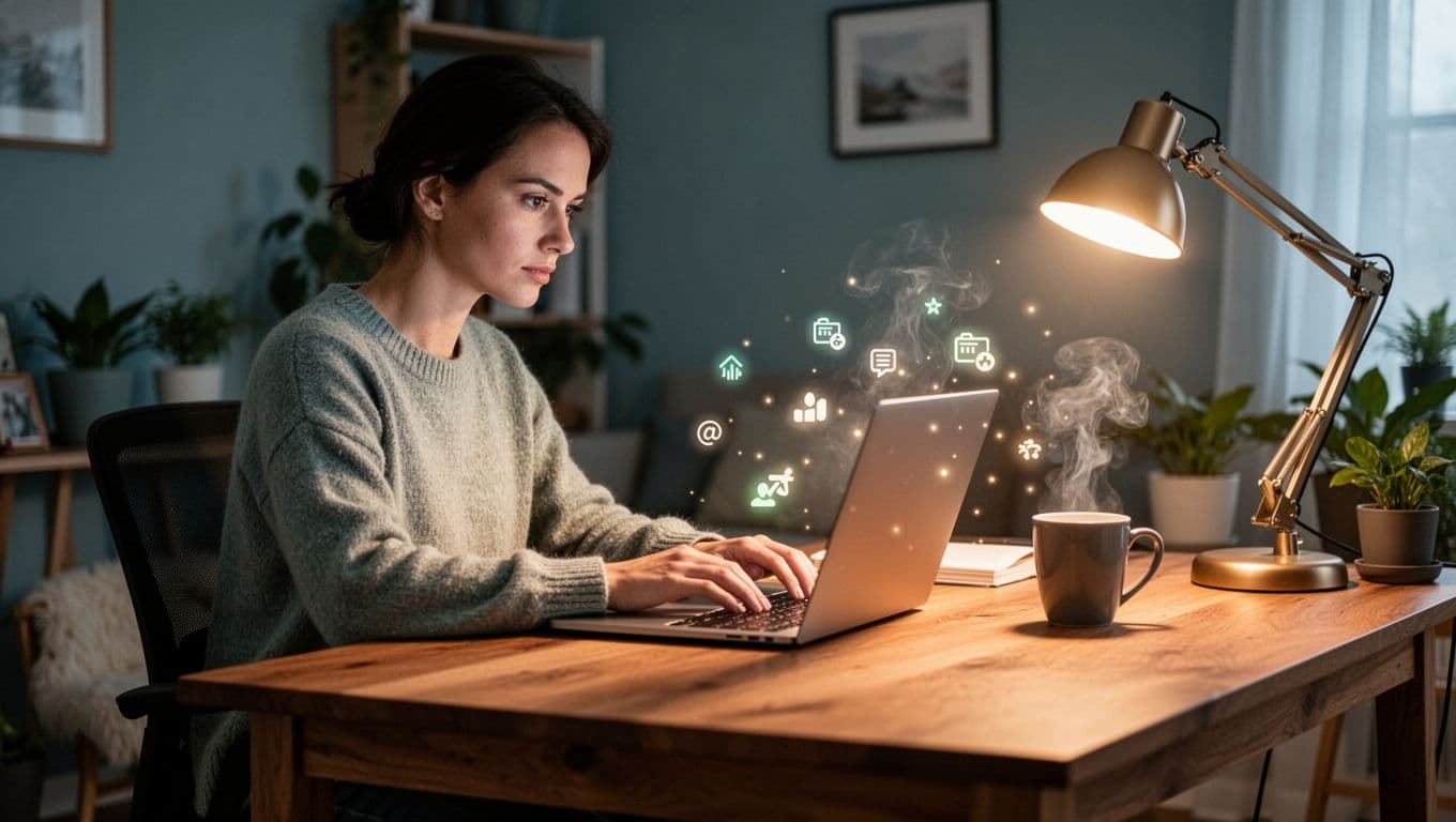 Person types on laptop at wooden desk in cozy home office with floating blog text showing highlighted affiliate links.
