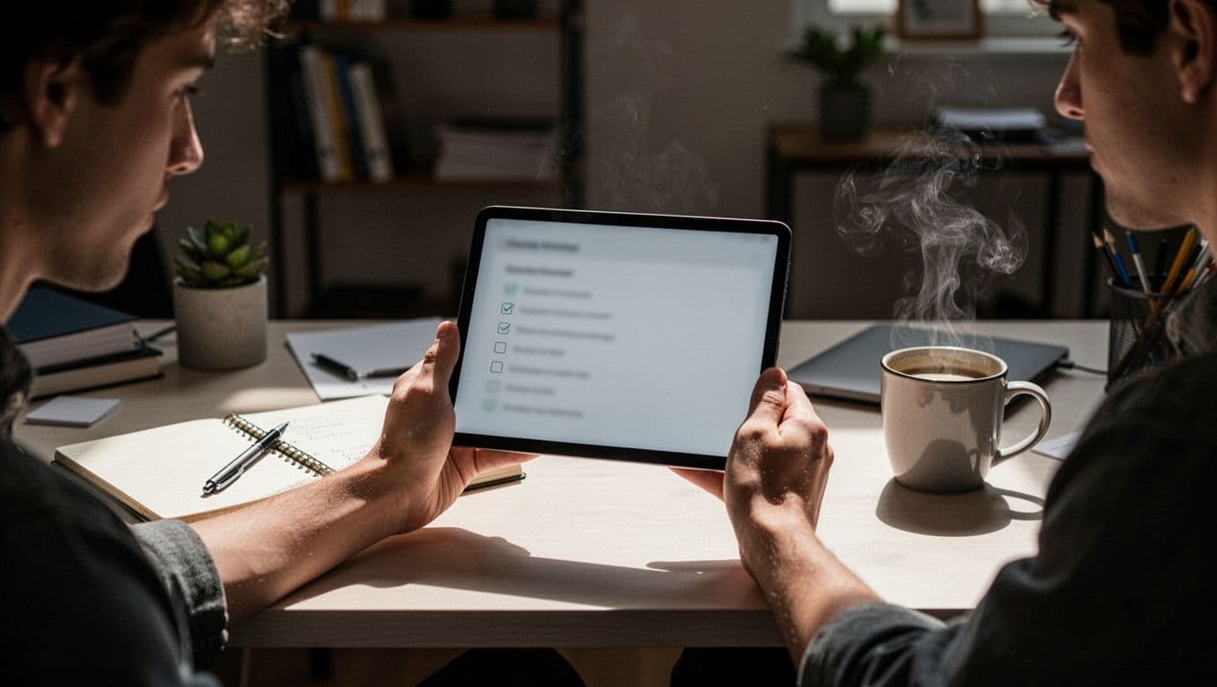 Young adult holds tablet with blurred checklist at organized desk with notebook, pen, and coffee.