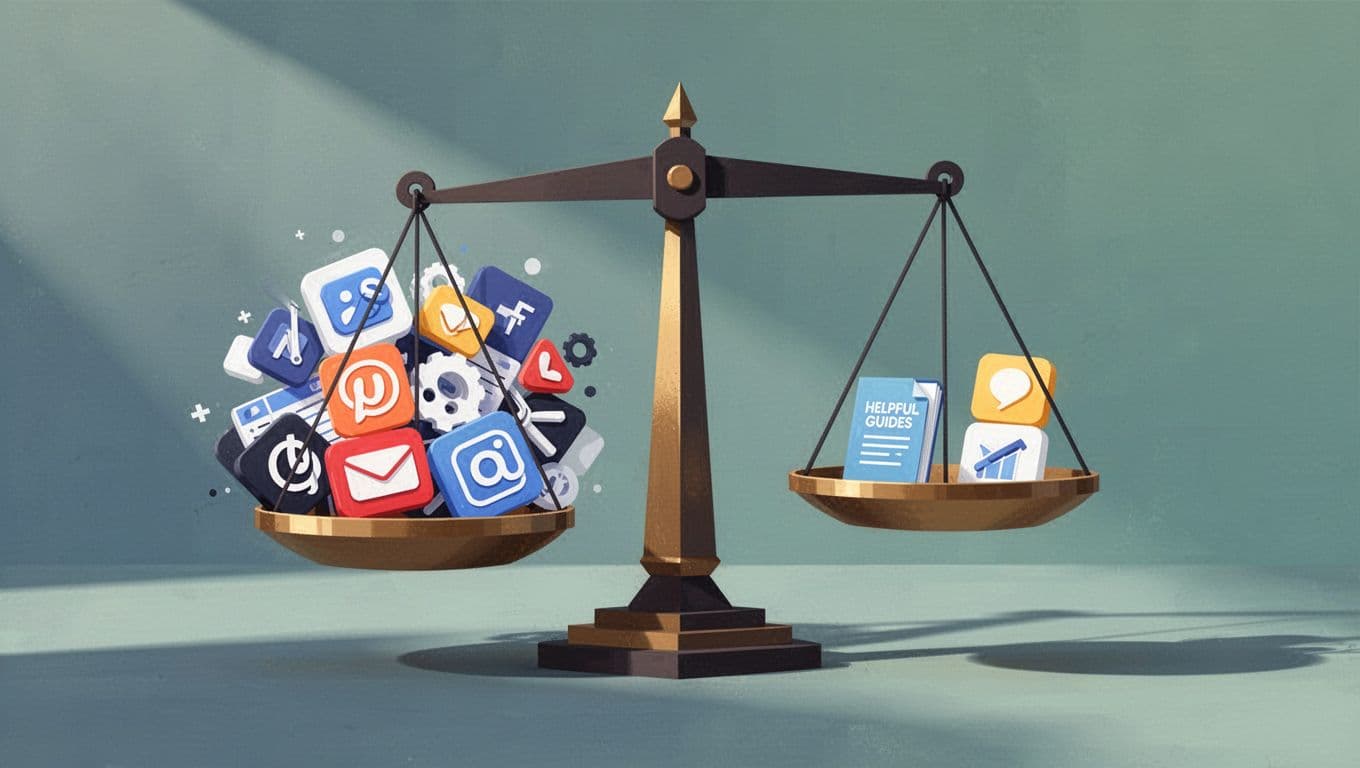 Balance scale tips down left with heavy sales pitch icons, up slightly right with guides, comparisons, and affiliate links.