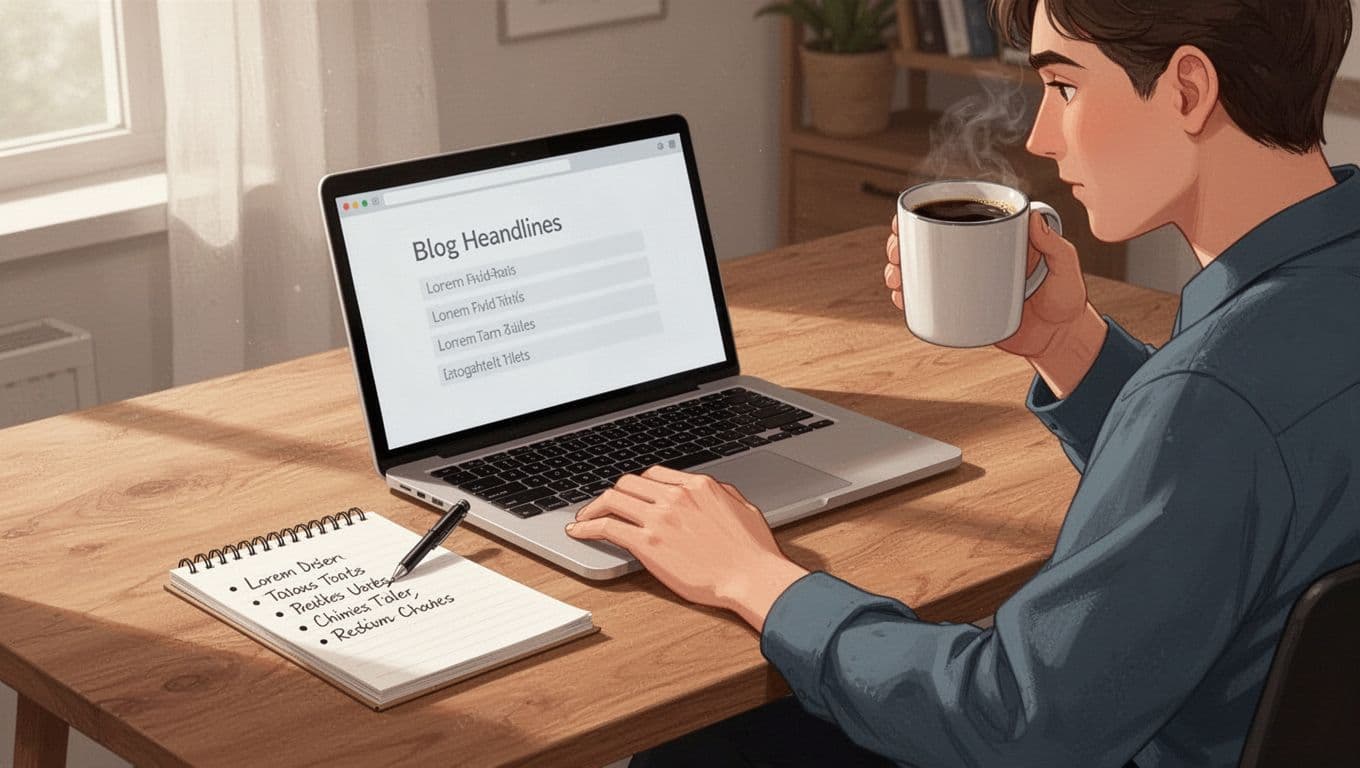 One person at wooden desk reviews faint headline examples on laptop screen with notepad bullets and coffee mug nearby.