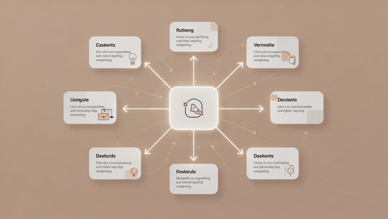 Cluster of blog icons like guides and reviews linked by glowing lines with central hub and arrows.