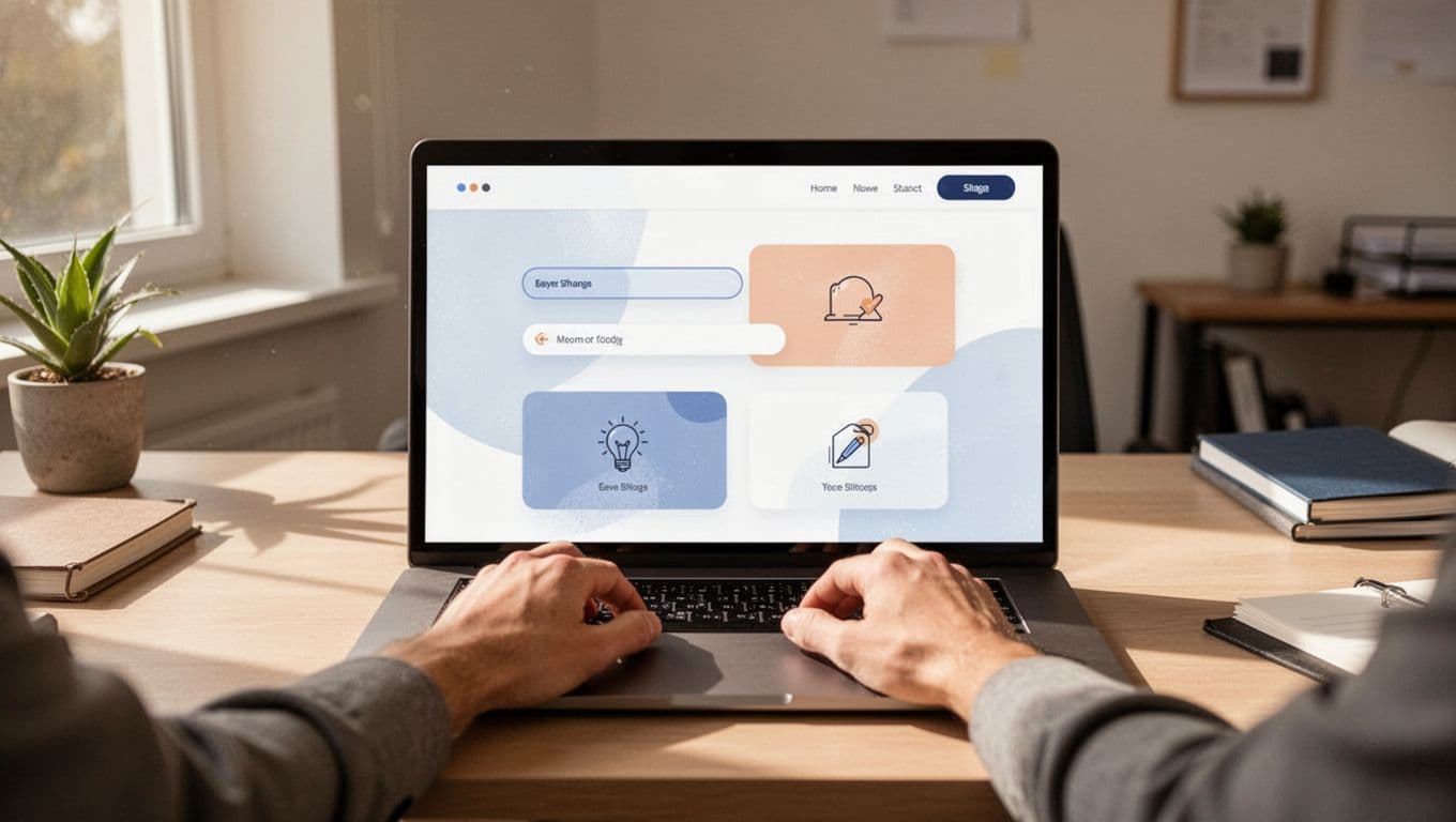 Laptop on clean desk displays simple website with about, contact, and privacy navigation icons.