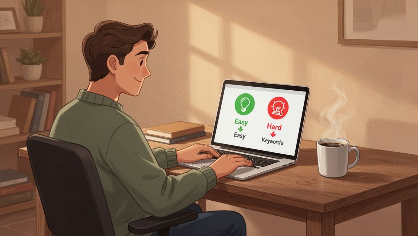 Person sits at wooden desk in home office using laptop with screen showing green easy and red hard keyword icons, coffee mug nearby.