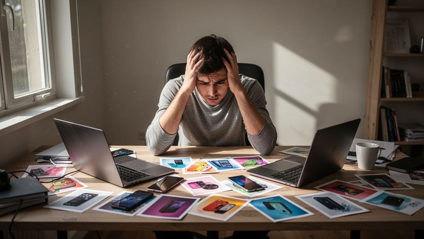 Young adult sits frustrated at cluttered home desk with laptops, phones, and product screenshots, hands on head.