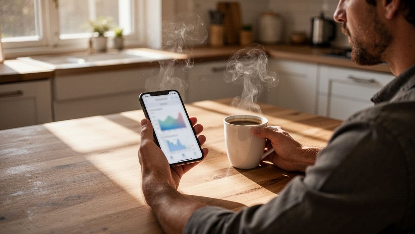 Person relaxes at kitchen table holding smartphone with blurred email open rates chart, coffee cup nearby, morning light through window.