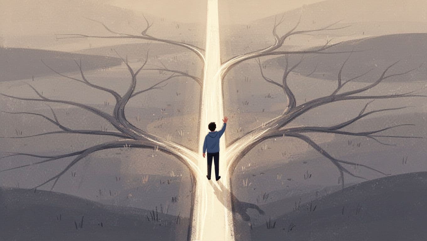 One person at decision point selects single glowing path amid many dim branching paths.