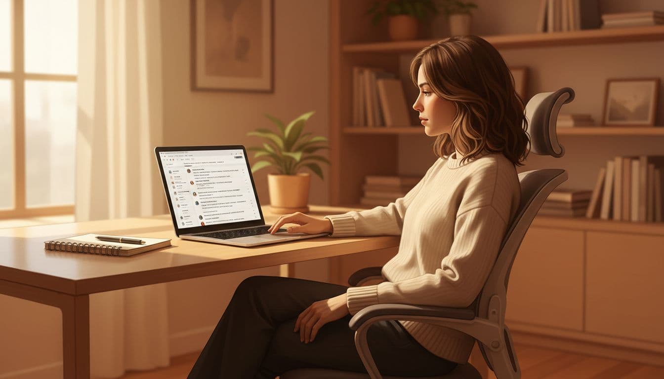 One person sits at modern desk in bright home office, viewing question list on angled laptop screen resembling Quora or Reddit.