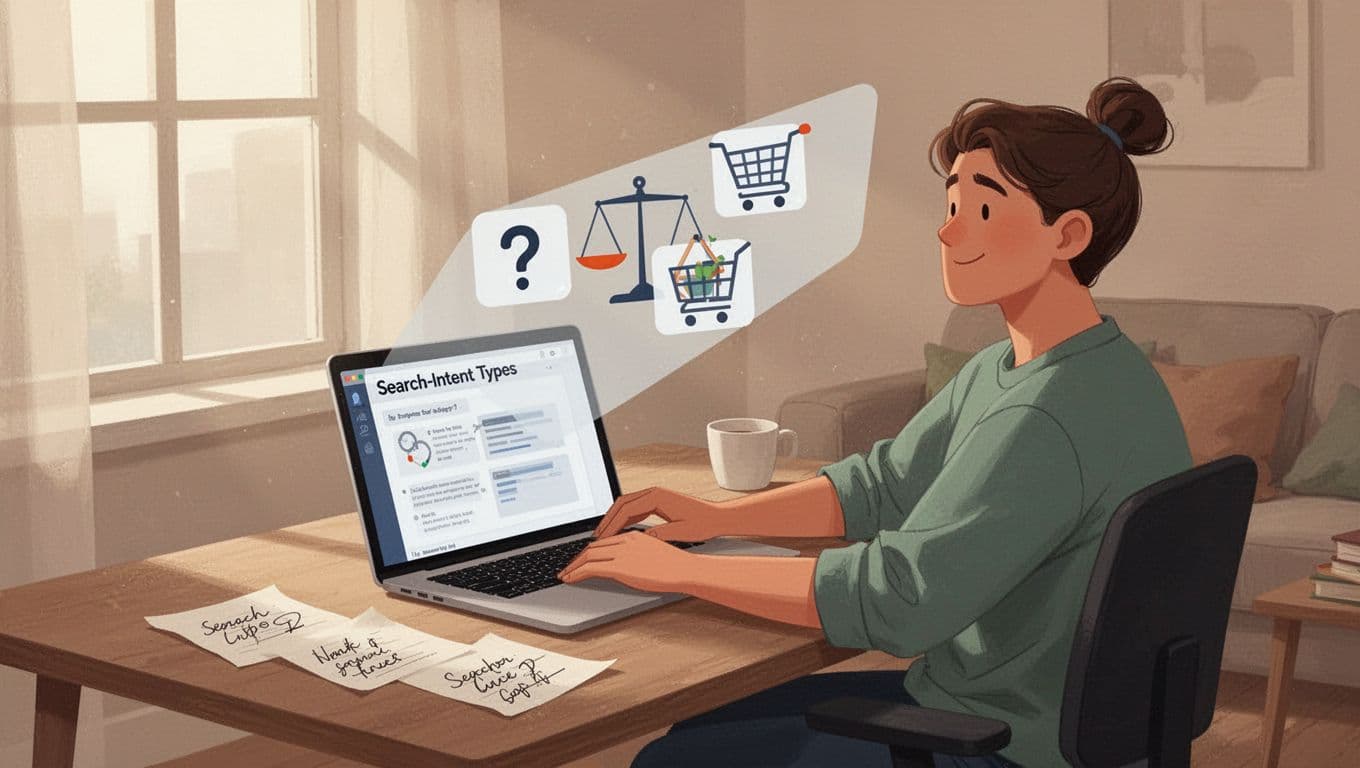Person at desk views angled laptop screen showing question mark, scale, and cart icons for search intents, with paper notes nearby.