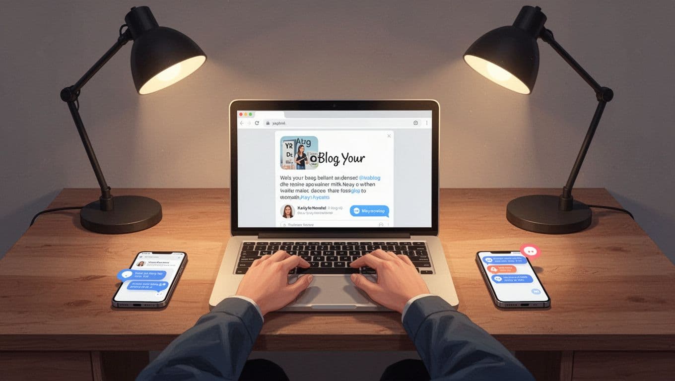 Person at wooden desk shares blog post on laptop with faint Pinterest Quora Facebook Medium icons, phone with notifications nearby.