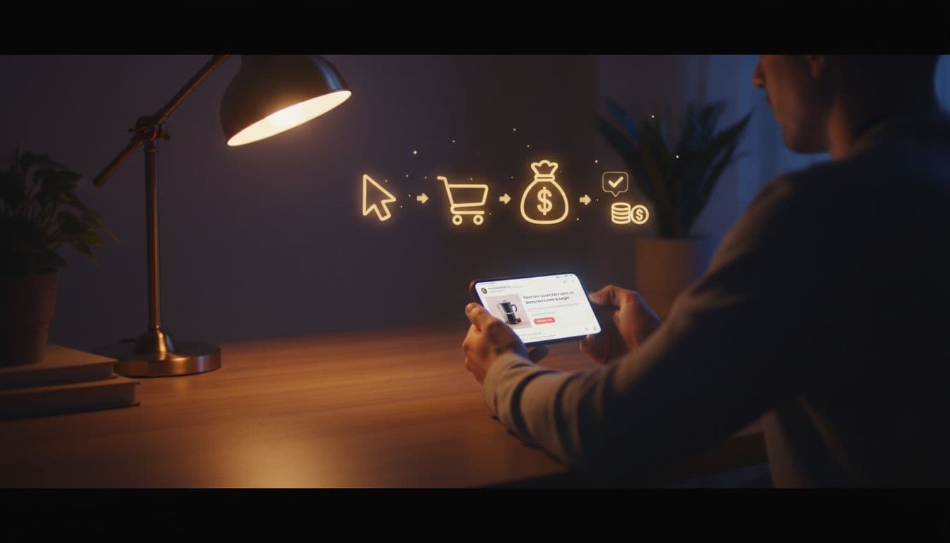 Person sits at desk holding smartphone showing social media product post, faint background icons of purchase click and commission payout, warm desk lamp light.
