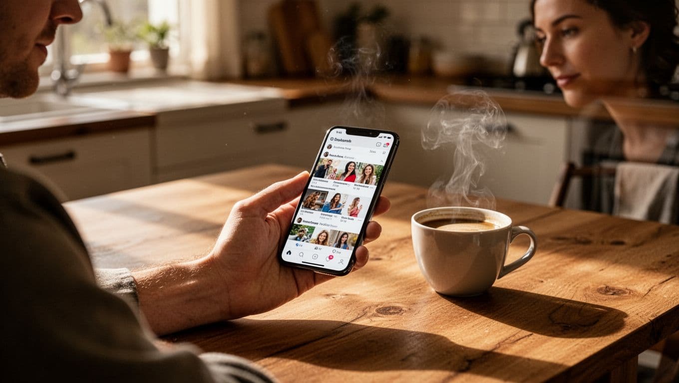 Person sits relaxed at wooden kitchen table holding smartphone angled to show Facebook group feed, coffee cup nearby, natural window light.