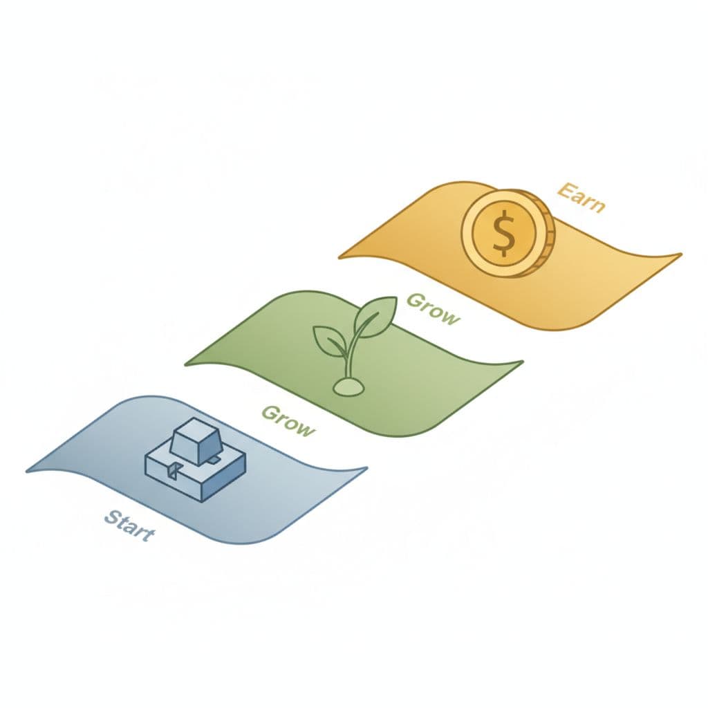 An upward path with icons representing foundational steps, plant growth, and financial earnings.